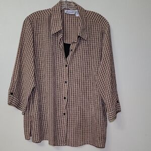 Joanna Petite Faux Twin-Set 1/4 sleeve Button Down‎ Blouse Woman's PXL Blk/Br